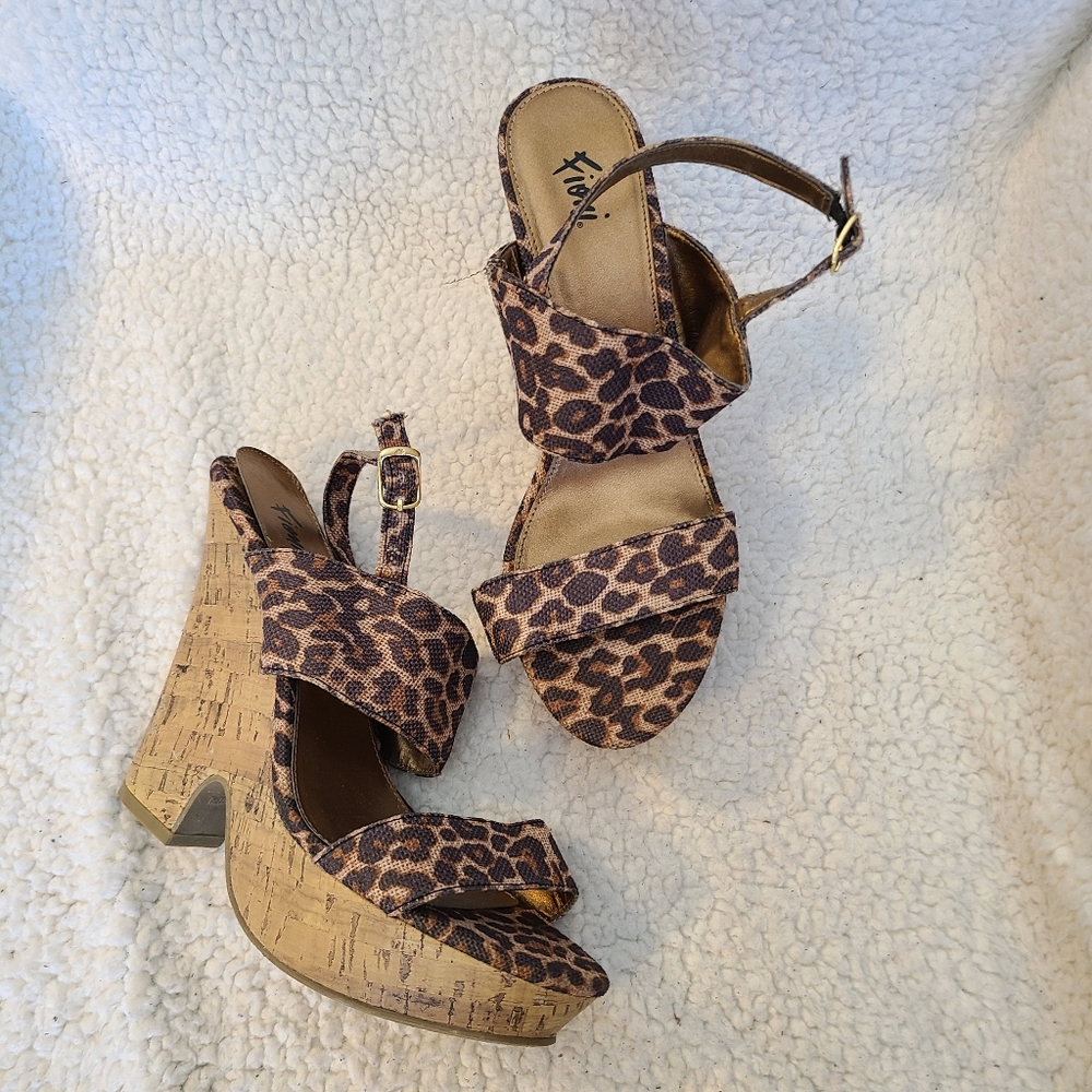Fioni - Night Animal - leopard print 2 strap, cork wedge heels